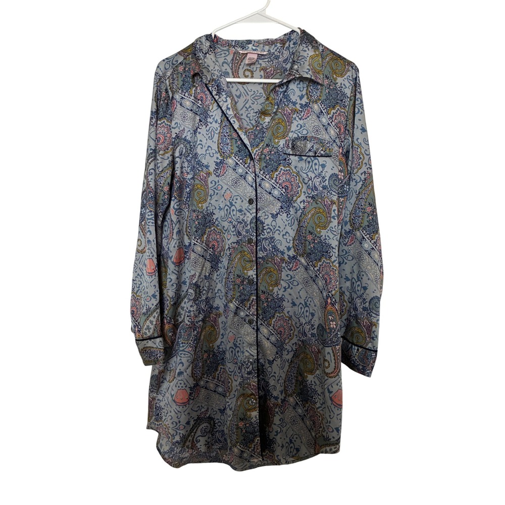 Vintage Victoria's Secret Satin Sleep Shirt Women Size S Blue Purple Paisley